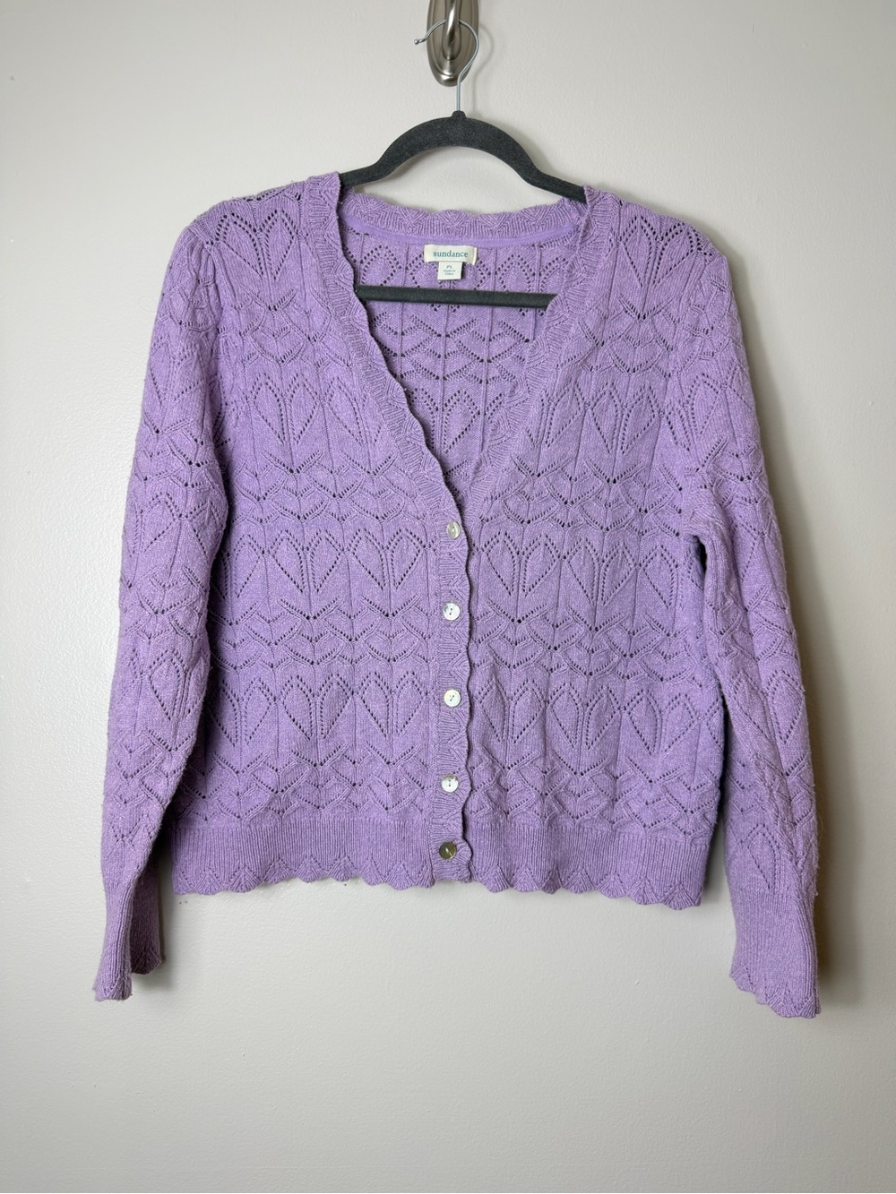 Sundance Cardigan Sweater Purple Pointelle Knit Crochet Twee Fall Layering